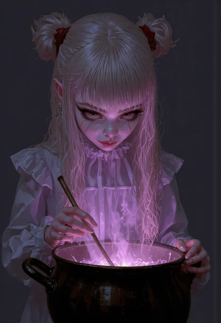 (An adorable version of a cute witch), [cowboy-shot, focused], [slender and toned figure], [long blonde hair up in a messy bun], brewing a love potion in a steaming cauldron, stirring the cauldron, [tiny pink hearts floating up from the bubbling liquid with the pink mist], [pale green eyes focusing on the cauldron], wearing a sundress, a cute witch's cottage background, [magical, dreamy atmosphere], [morning setting, soft whispers of a breeze], [a sense of enchantment], detailed drawing, swms, aidmaHalloweenBoost   <lora:FLUX - Surreal_Photo (Glitter):0.8> <lora:FLUX - HalloweenBoost ( aidmaHalloweenBoost ):1><lora:FLUX - SWMSF - Styles for FLUX ( detailed drawing, swms ):1>