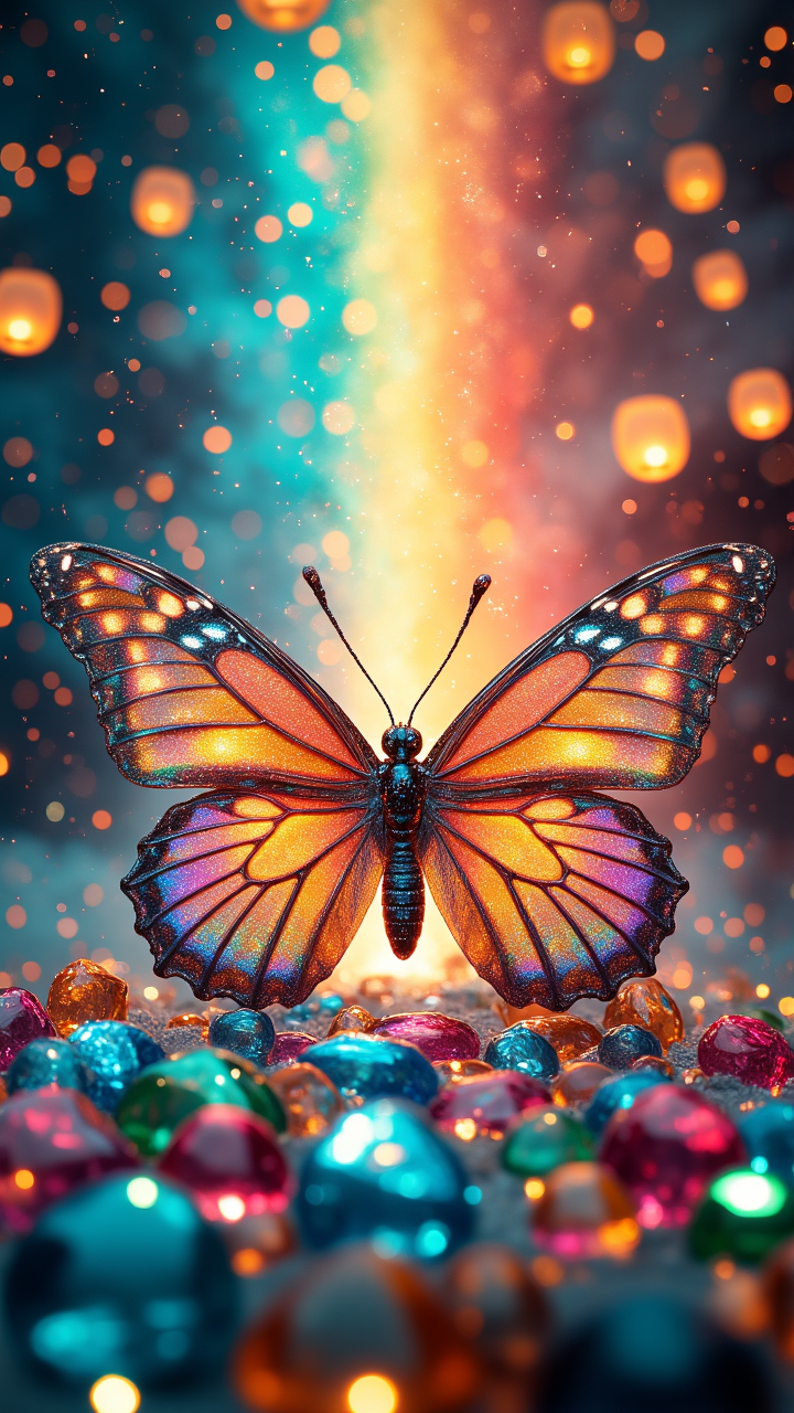 cinematic photo a radiant rainbow fountain bursts forth from a kaleidoscope of glittering gemstones, as a majestic butterfly with iridescent wings and a trail of sparkling stardust unfurls its delicate beauty amidst the shimmering mist, surrounded by a chorus of singing fireflies and a procession of gleaming lanterns carried by dancing clouds. . 35mm photograph, film, bokeh, professional, 4k, highly detailed     , aidmaMJ6.1  , aidmamj6.1