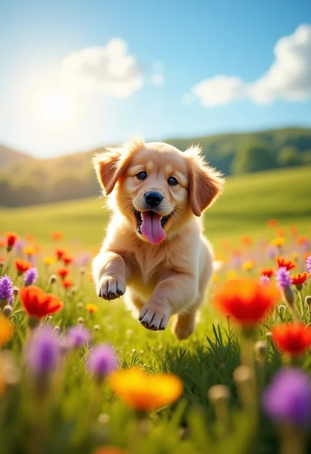 A delightful photo of a playful puppy joyfully bounding through a sunlit meadow filled with vibrant wildflowers. The puppy, a fluffy golden retriever with soft, floppy ears, has its tongue lolling out in pure happiness as it leaps into the air, capturing the moment of carefree exuberance. The sun casts a warm, golden glow over the scene, highlighting the puppy's shiny coat and the rich colors of the flowers—bright reds, yellows, and purples. In the background, a gently rolling landscape of green hills and a clear blue sky dotted with a few fluffy clouds adds to the serene, joyful atmosphere. The puppy’s eyes sparkle with excitement, and the entire scene is bursting with life and energy, capturing the essence of a perfect, sunny day outdoors. Hyper-detailed, high resolution, vibrant colors, heartwarming and cheerful, masterpiece.