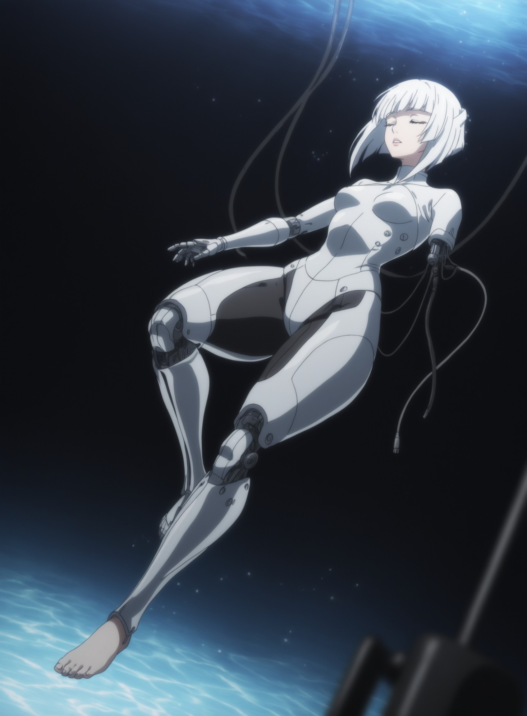 nrhd2, mature female, 1girl, android, synthetic, (prosthetic_jaw:1.2), (prosthetic_arms:1.15), (prosthetic_legs:1.1), (prosthetic breasts), flowing hair, medium hair, inverted bob, (white_hair), blunt bangs, wispy_bangs, long neck, closed eyes, lips, parted lips, small breasts, (white-turtleneck shrug), amputee, maintenance, prosthesis, single_mechanical_arm, (unaware), wires, cables, nape cable, dynamic pose, dramatic angle, floating, underwater, experiment, caustics, huge ass, bottom heavy, large hips, huge thighs, single_mechanical_leg, prosthetic_leg, feet, barefoot, , sci-fi, ((foreshortening)), toes, toenails, (blurred_foreground), depth of field, dark_background, bokeh, light particles, bad_anatomy, partially illuminated, masterpiece, detailed shading, masterfully drawn, qhd, best quality, best resolution, sharp focus, very aesthetic, professional render, 4k, latest, <lora:0adcca29-425c-4714-bd92-0ca864d0d218:0.9>