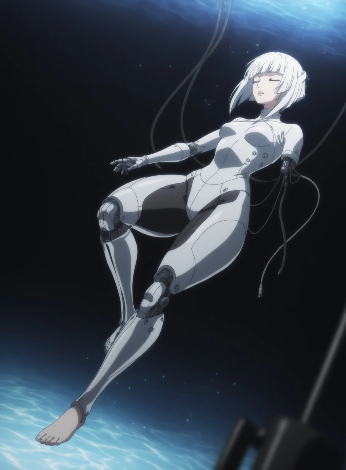 nrhd2, mature female, 1girl, android, synthetic, (prosthetic_jaw:1.2), (prosthetic_arms:1.15), (prosthetic_legs:1.1), (prosthetic breasts), flowing hair, medium hair, inverted bob, (white_hair), blunt bangs, wispy_bangs, long neck, closed eyes, lips, parted lips, small breasts, (white-turtleneck shrug), amputee, maintenance, prosthesis, single_mechanical_arm, (unaware), wires, cables, nape cable, dynamic pose, dramatic angle, floating, underwater, experiment, caustics, huge ass, bottom heavy, large hips, huge thighs, single_mechanical_leg, prosthetic_leg, feet, barefoot, , sci-fi, ((foreshortening)), toes, toenails, (blurred_foreground), depth of field, dark_background, bokeh, light particles, bad_anatomy, partially illuminated, masterpiece, detailed shading, masterfully drawn, qhd, best quality, best resolution, sharp focus, very aesthetic, professional render, 4k, latest, <lora:0adcca29-425c-4714-bd92-0ca864d0d218:0.9>