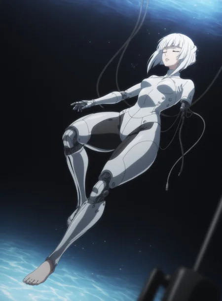 nrhd2, mature female, 1girl, android, synthetic, (prosthetic_jaw:1.2), (prosthetic_arms:1.15), (prosthetic_legs:1.1), (prosthetic breasts), flowing hair, medium hair, inverted bob, (white_hair), blunt bangs, wispy_bangs, long neck, closed eyes, lips, parted lips, small breasts, (white-turtleneck shrug), amputee, maintenance, prosthesis, single_mechanical_arm, (unaware), wires, cables, nape cable, dynamic pose, dramatic angle, floating, underwater, experiment, caustics, huge ass, bottom heavy, large hips, huge thighs, single_mechanical_leg, prosthetic_leg, feet, barefoot, , sci-fi, ((foreshortening)), toes, toenails, (blurred_foreground), depth of field, dark_background, bokeh, light particles, bad_anatomy, partially illuminated, masterpiece, detailed shading, masterfully drawn, qhd, best quality, best resolution, sharp focus, very aesthetic, professional render, 4k, latest, <lora:0adcca29-425c-4714-bd92-0ca864d0d218:0.9>