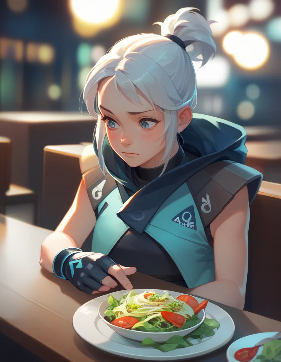 score_9, score_8_up, score_7_up, source_anime
<lora:jett-ponyxl-000020:1> j37t, bodysuit, cropped jacket, hooded jacket, fingerless gloves,
1girl, solo, pov across table, salad, looking to the side, embarrassed, restaurant, bokeh, subsurface scattering
