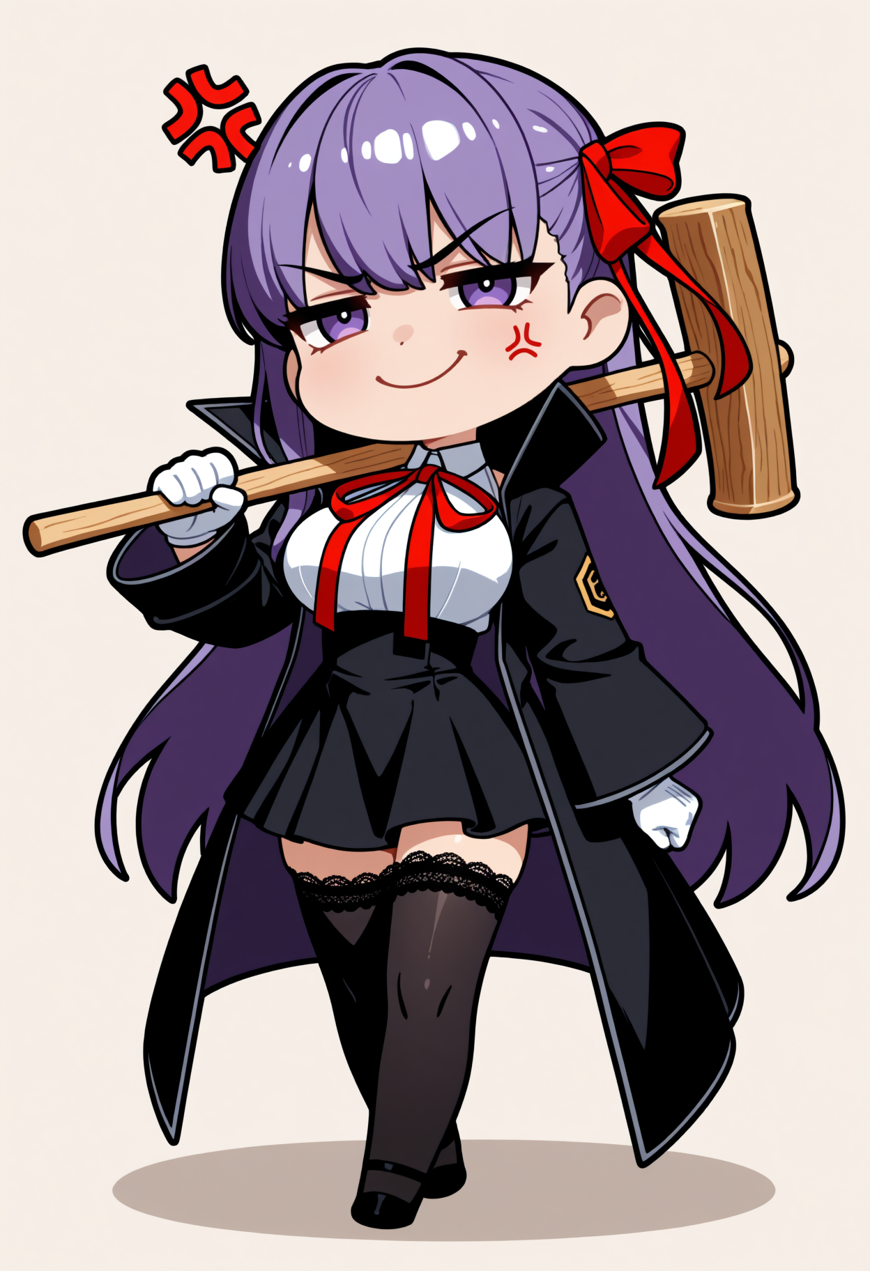 masterpiece, best quality, 1girl, solo, BBBase, purple eyes, long hair, purple hair, hair ribbon, neck ribbon, red ribbon, white shirt, black skirt, high-waist skirt, white gloves, black thighhighs, lace-trimmed legwear, black coat, popped collar, (chibi:1.5), meme, holding hammer, wooden hammer, bonk, anger vein, annoyed smile, <lora:ChamBBNoob:1>