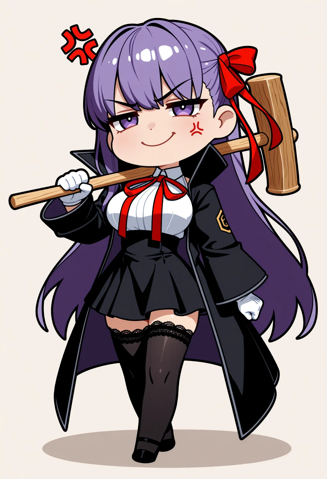 masterpiece, best quality, 1girl, solo, BBBase, purple eyes, long hair, purple hair, hair ribbon, neck ribbon, red ribbon, white shirt, black skirt, high-waist skirt, white gloves, black thighhighs, lace-trimmed legwear, black coat, popped collar, (chibi:1.5), meme, holding hammer, wooden hammer, bonk, anger vein, annoyed smile, <lora:ChamBBNoob:1>