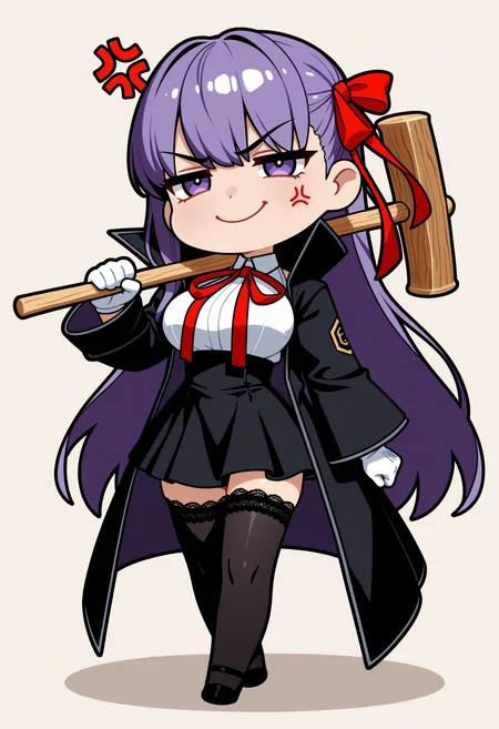 masterpiece, best quality, 1girl, solo, BBBase, purple eyes, long hair, purple hair, hair ribbon, neck ribbon, red ribbon, white shirt, black skirt, high-waist skirt, white gloves, black thighhighs, lace-trimmed legwear, black coat, popped collar, (chibi:1.5), meme, holding hammer, wooden hammer, bonk, anger vein, annoyed smile, <lora:ChamBBNoob:1>