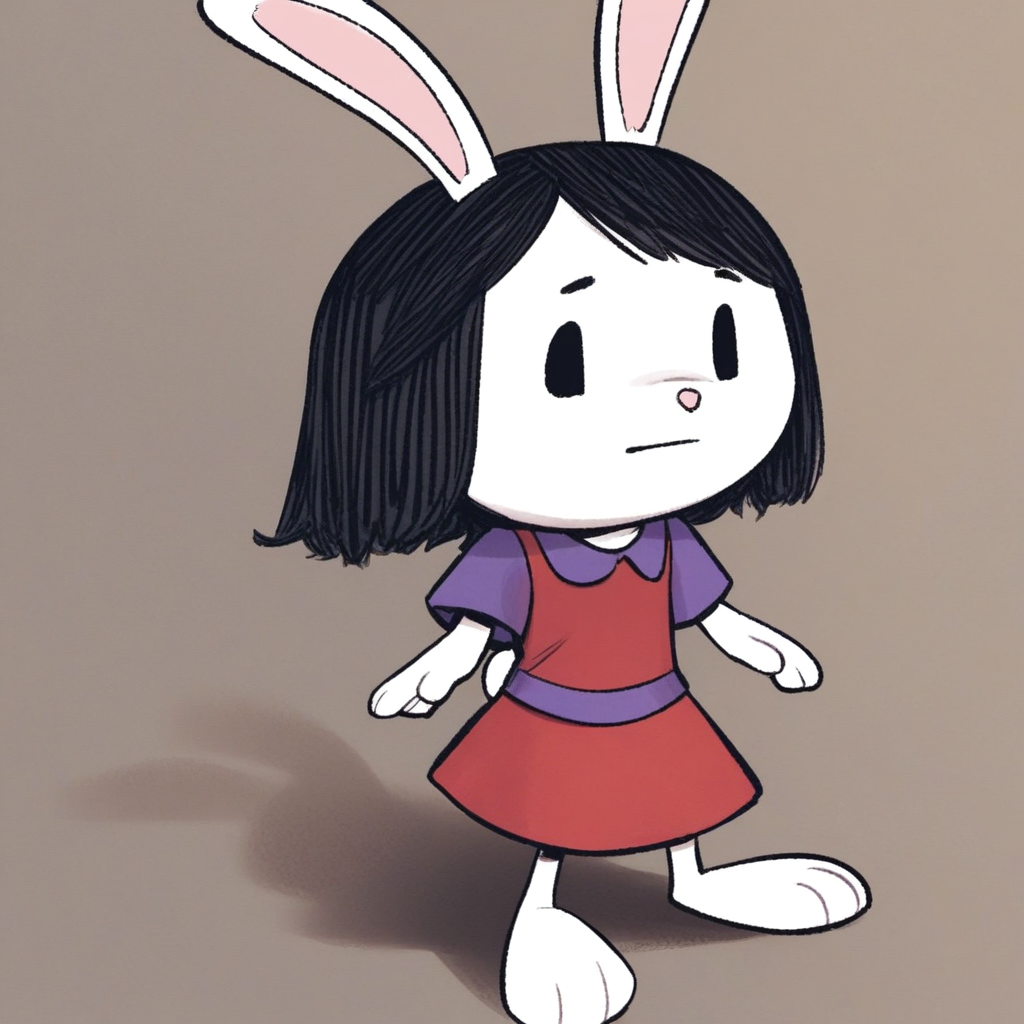 score_8, score_9, elinor, solo, black hair, rabbit ears, black eyes, animal ears, furry, dress