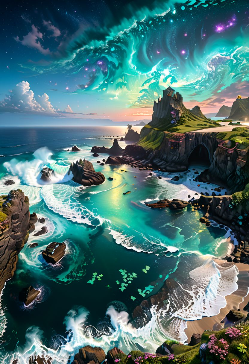 Depict a surreal coastal scene on a distant planet, where jagged cliffs overlook an iridescent ocean. The water glows with bioluminescent creatures, and strange, luminescent seaweed waves gently in the surf. The sky above is filled with swirling galaxies and distant stars, casting an ethereal light over the scene. Best quality, high resolution, ultra-detailed, 8k.  masterpiece, trending on artstation, sharp focus, studio photo, intricate details, highly detailed