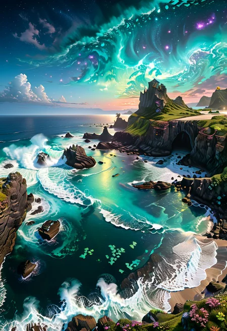 Depict a surreal coastal scene on a distant planet, where jagged cliffs overlook an iridescent ocean. The water glows with bioluminescent creatures, and strange, luminescent seaweed waves gently in the surf. The sky above is filled with swirling galaxies and distant stars, casting an ethereal light over the scene. Best quality, high resolution, ultra-detailed, 8k.  masterpiece, trending on artstation, sharp focus, studio photo, intricate details, highly detailed