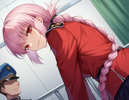 score_9, score_8_up, score_7_up, source_anime,
florencenightingale, <lora:florence-nightingale-ponyxl-lora-nochekaiser:1>,
florence nightingale, pink hair, long hair, red eyes, hair braid, sidelocks, folded ponytail, single braid, braid, braided ponytail,
military, military uniform, uniform, red uniform,
indoors, hospital, bent over, smile,
looking at viewer, dutch angle,