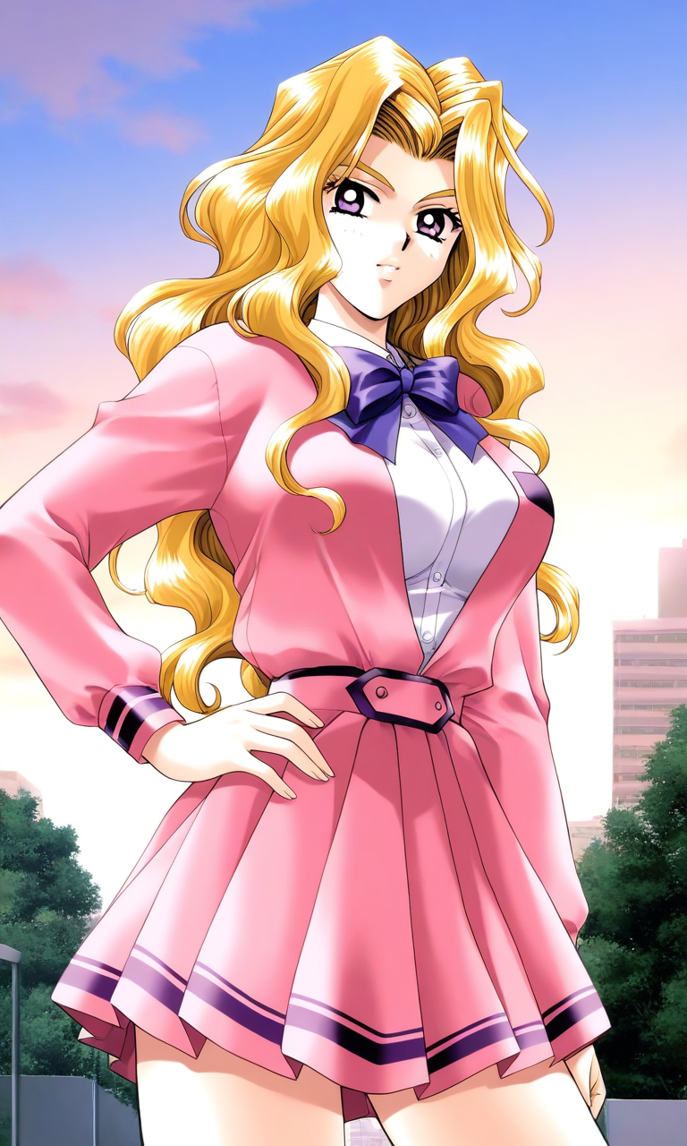 general,highres, ultra-detailed,very aesthetic,best quality ,best hands, BREAK <lora:Shindou_Reiko_kakyuusei_Ver2.0_IS:1>
Shindou_Reiko(kakyuusei), 1girl, solo, blonde hair, long hair, purple eyes, large breasts, wavy hair, pink skirt, school uniform, long sleeves, pink jacket,
sky, outdoor, hand on hip, long sleeves, looking at viewer,
cowboy shot,  pleated skirt,