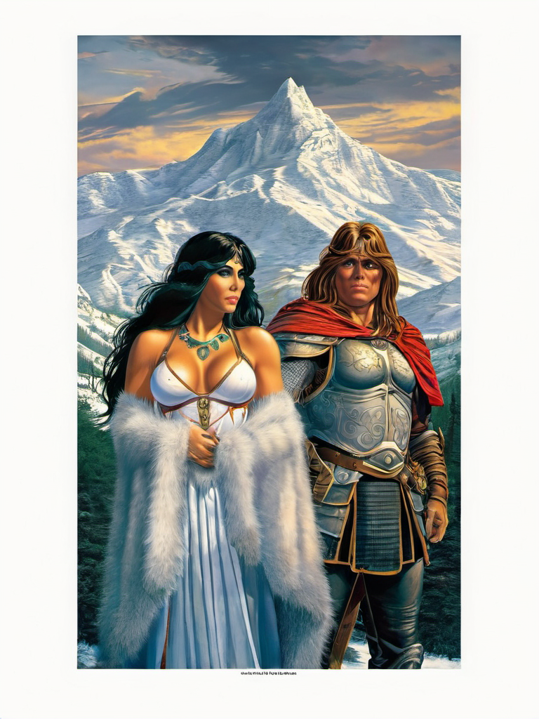 fantasy illustrations of by Elmore_Style_LX , Witches and warriors, sexy, skimpy, slutty, supermodel witch, adventure, cinematic, epic outdoor location, fantasy illustration, cinematic scene by forgotten realms, 1woman barbarian, skimpy armor, Huge breasts, bikini armor, sexy barbarian nude , with sword with a magic items, in the background epic winter sunset Fantasy masterpiece by Larry Elmore , dragonlance , <lora:Elmore_Style_LX-000010:0.7>