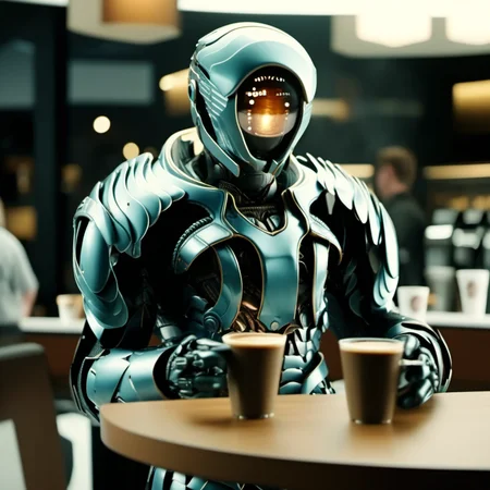 cinematic photo robot, armor, helmet, serves coffee in starbuck,  <lora:LIS-V3:0.8> . 35mm photograph, film, bokeh, professional, 4k, highly detailed