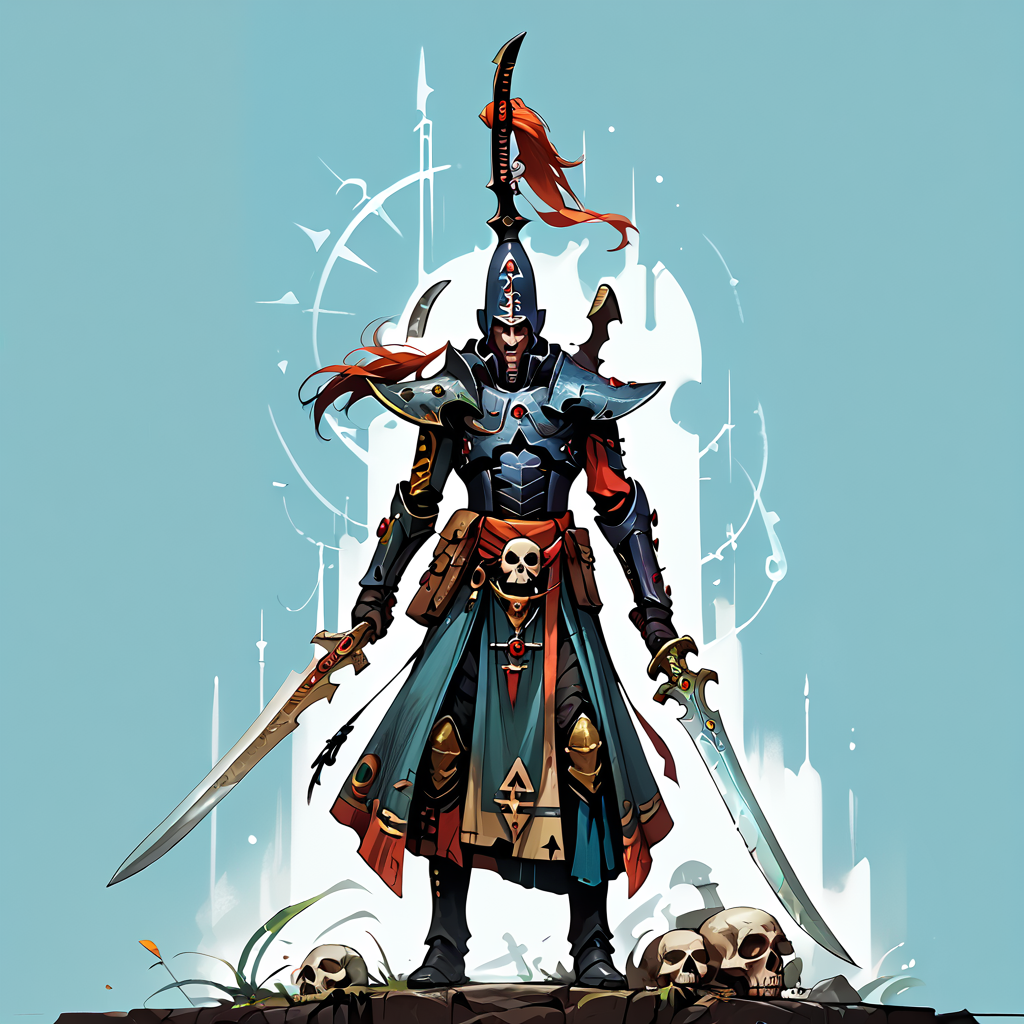 score_9, score_8_up, score_7_up, score_6_up, score_5_up, score_4_up, source_anime, <lora:aeldari_Pony_2:1> aeldari, drukhari, standart drukhari, drukhari's armor, solo, 1boy, holding, standing, weapon, male focus, sword, holding weapon, blue background, holding sword, gauntlets, skull, full armor, helmet, drukhari's helmet, armor