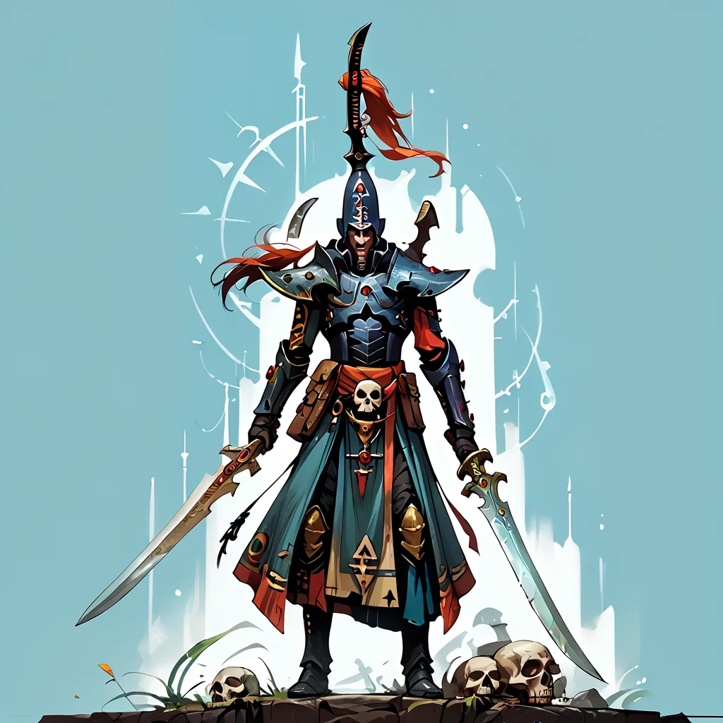 score_9, score_8_up, score_7_up, score_6_up, score_5_up, score_4_up, source_anime, <lora:aeldari_Pony_2:1> aeldari, drukhari, standart drukhari, drukhari's armor, solo, 1boy, holding, standing, weapon, male focus, sword, holding weapon, blue background, holding sword, gauntlets, skull, full armor, helmet, drukhari's helmet, armor