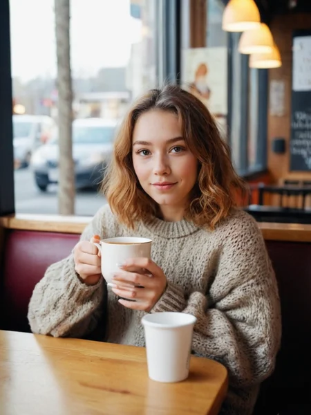 Analog photo of a woman looking like Daisy_Carmichael_P_MXAI_SDXL , wearing a cozy sweater, sitting in a cafe, holding a cup of steaming tea, flirty expression,