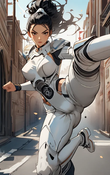 ((masterpiece, best quality)), solo, looking at viewer, amazon_woman whit black hair wearing spacesuit, long hair, "Grimace", "Pompadour hairstyle" hair, "Kicking one leg up" pose , skin tight, depth of field, light particles,
<lora:GoodHands-beta2:1>,
<lora:BrazilianWomanAmazon_V1.0:1>,
<lora:muscle_slider_v1:2>,
<lora:weight_slider_v2:-1>,
<lora:hair_length_slider_v1:1>,
<lora:spacesuitV1.0:0.6>,
<lora:wuxia2:0.6>,
<lora:Background_Detail_v3:1>,
<lora:IvoryGoldAIv2:0.7>
