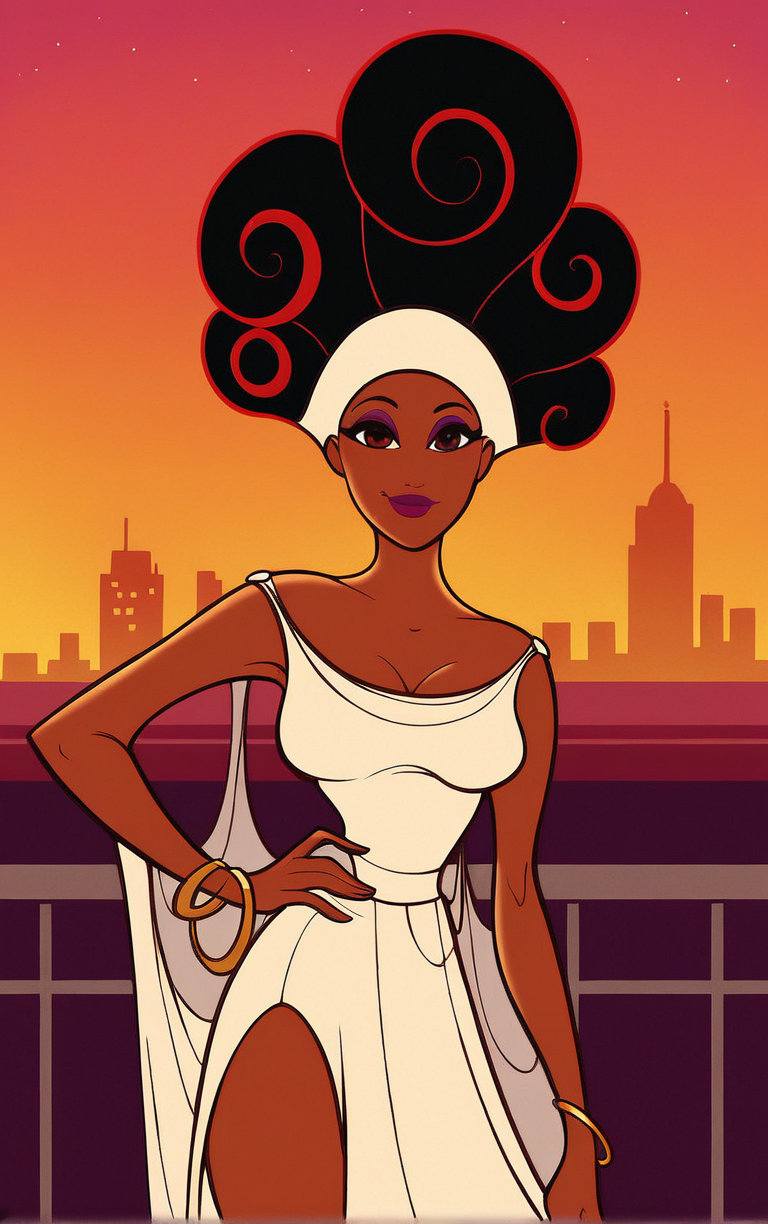 score_9, score_8_up, score_7_up, looking at viewer,  BREAK  
WhiteDress_Muse_Calliope_ownwaifu, 
1girl, afro, big hair, breasts, brown eyes, brown hair, curly hair, dark skin, dark-skinned female, eyeshadow, hair up, hairband, lips, long hair, makeup, very dark skin, lipstick, medium breasts, colored skin, 
white dress,  white headband, bare shoulders, cleavage, sleeveless dress, strap slip, bracelet, long dress, off shoulder, side slit,
(contrapposto, hand on hip), sunset, sidelighting, cityscape, outdoors, <lora:PONYXL_Hercules_Muse_Calliope_ownwaifu:1> , depth of field, solo,