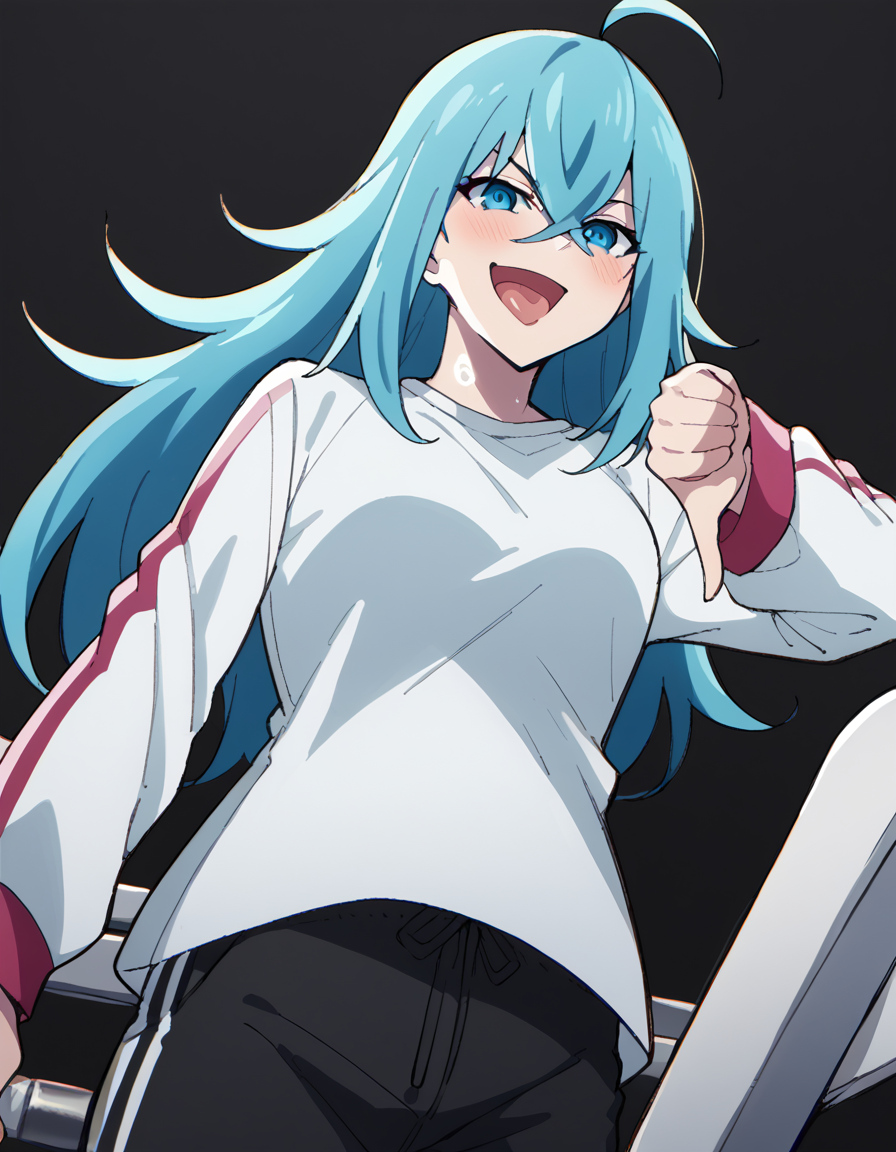 score_9, score_8_up, score_7_up, source_anime, <lora:vivy-s1-ponyxl-lora-nochekaiser:1>, vivy, blue hair, blue eyes, crossed bangs, ahoge, hair between eyes, medium breasts,, shirt, long sleeves, jewelry, jacket, white shirt, pants, black pants,, gym, weights, treadmill, mirrors, exercise, smile, <lora:thumbs-down-ponyxl-lora-nochekaiser:1>, thumbs down, blush, from below, smug, tongue, tongue out, open mouth, black background, looking at viewer, solo,, dutch angle, cowboy shot