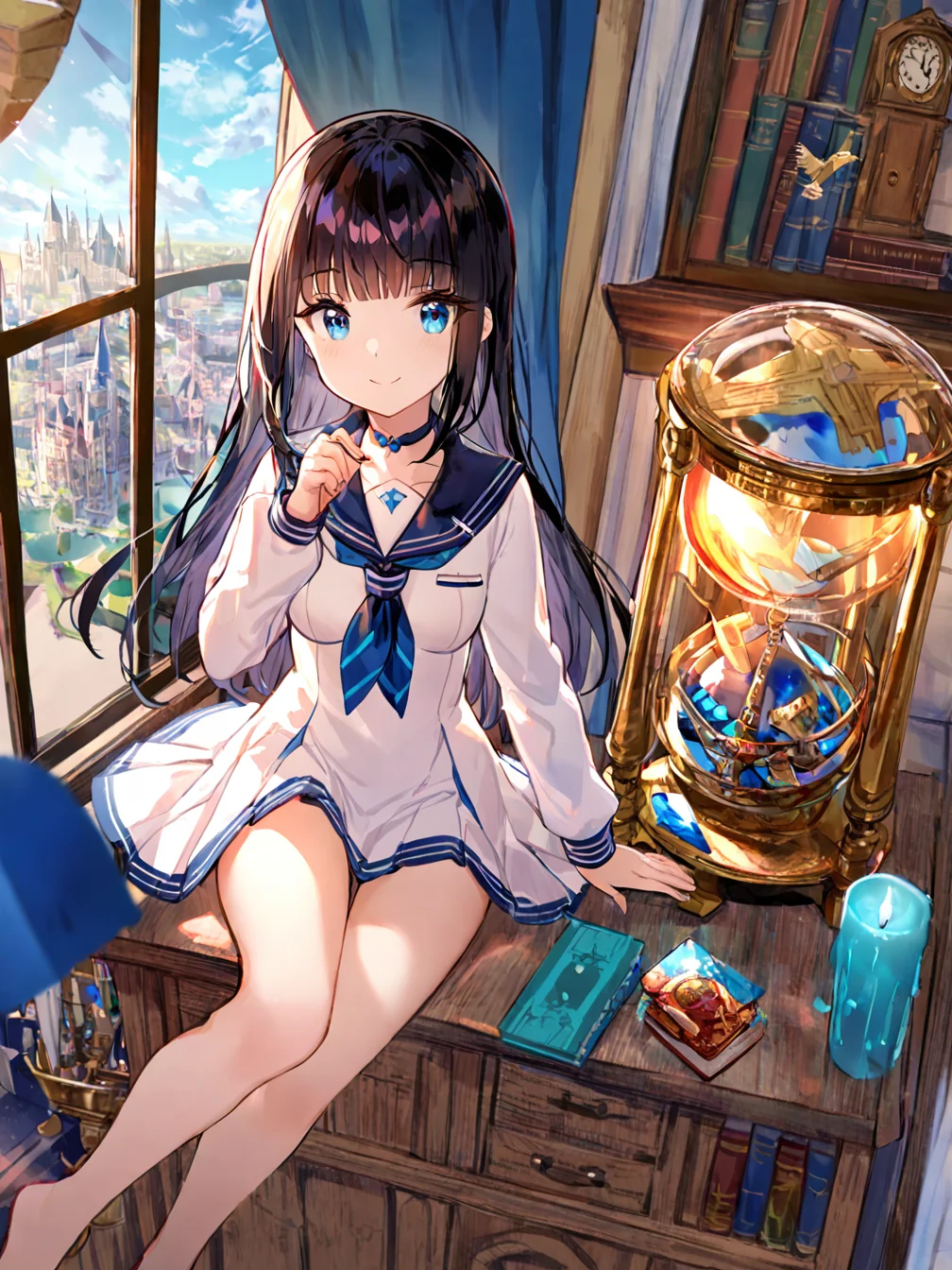 1girl,window,solo,long hair,blue eyes,checkered floor,smile,black hair,from above,sitting,long sleeves,holding,looking at viewer,open window,bookshelf,indoors,closed mouth,windowsill,dress,sky,day,sailor collar,blue sailor collar,chalice,cloud,white dress,collarbone,hourglass,book,jewelry,cityscape,gem,choker,tower,building,city,blue sky,cup,floating island,globe,blue neckerchief,hand up,white shirt,clock,curtains,pendant,sailor dress,school uniform,skirt,breasts,neckerchief,candle,castle,clock tower,shirt,album cover,small breasts,bare legs,
<lora:ag31-fuzichoco_1-000032:1>,