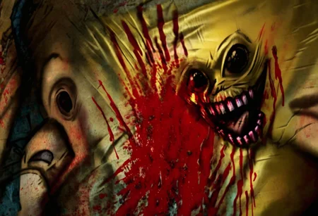 postal1, Monster, bloodyface, blood, looking at viewer, smiling, perfecteyes