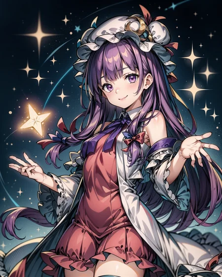 <lora:Patchi V1:1>, 1girl, solo, Patchi, purple hair, purple eyes, cowboy shot, blunt bangs, frills, mob cap, casting magic, magic powers, starry sky, evil smile, glowing eyes, sparks, <lora:add_detail:0.65>, masterpiece, best quality