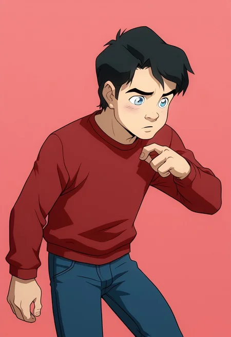High Quality,  Billy batson,  solo, 1boy, black hair, blue eyes, red tshirt, bluejeans, young, small body.