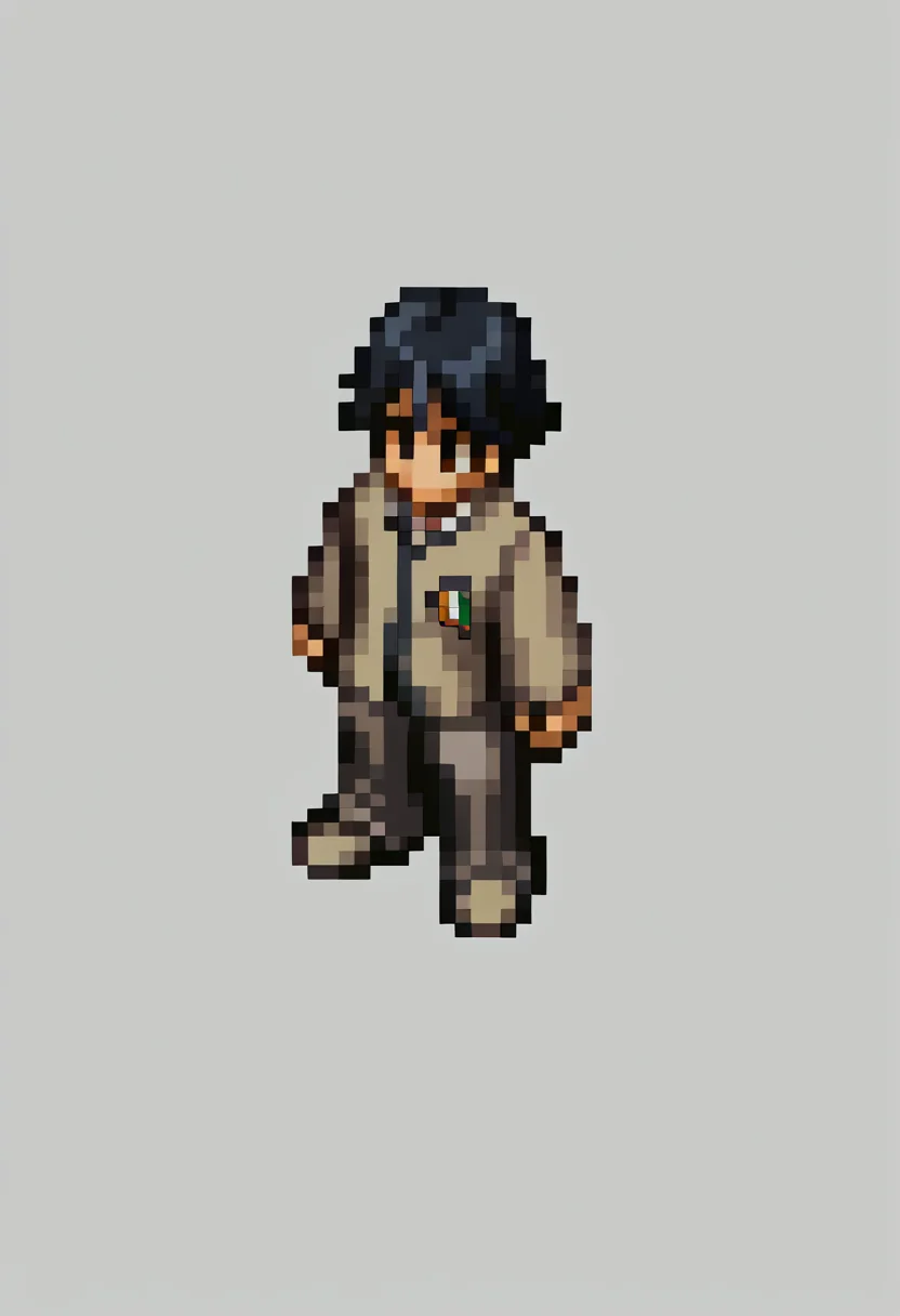 score_9, score_8_up, score_7_up, source_anime, BREAK, solo, 1boy, <lora:FFT-SpritesV2-pdxl_Fp:1>, looking at viewer, straight-on, full body, standing, solid oval eyes, no mouth, no nose, pixel art, from side, <lora:Naoya-pdxl_Fp:1>, naoyap1, school uniform, grey pants, single earring, emblem, black hair, black eyes, hair between eyes, grey shirt,
