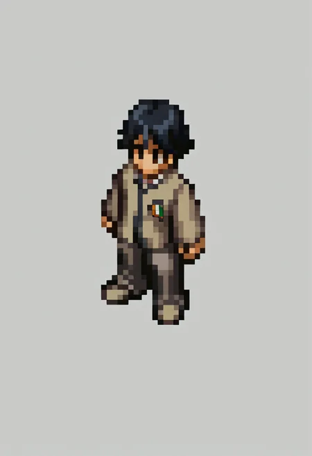 score_9, score_8_up, score_7_up, source_anime, BREAK, solo, 1boy, <lora:FFT-SpritesV2-pdxl_Fp:1>, looking at viewer, straight-on, full body, standing, solid oval eyes, no mouth, no nose, pixel art, from side, <lora:Naoya-pdxl_Fp:1>, naoyap1, school uniform, grey pants, single earring, emblem, black hair, black eyes, hair between eyes, grey shirt,