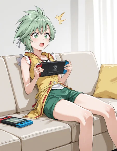 <lora:elnie-v2-illustrious-000040:1> elnie, sleeveless jacket, yellow jacket, (white jacket:0.4), short shorts, green shorts
holding handheld game console, nintendo switch, sofa, surprised