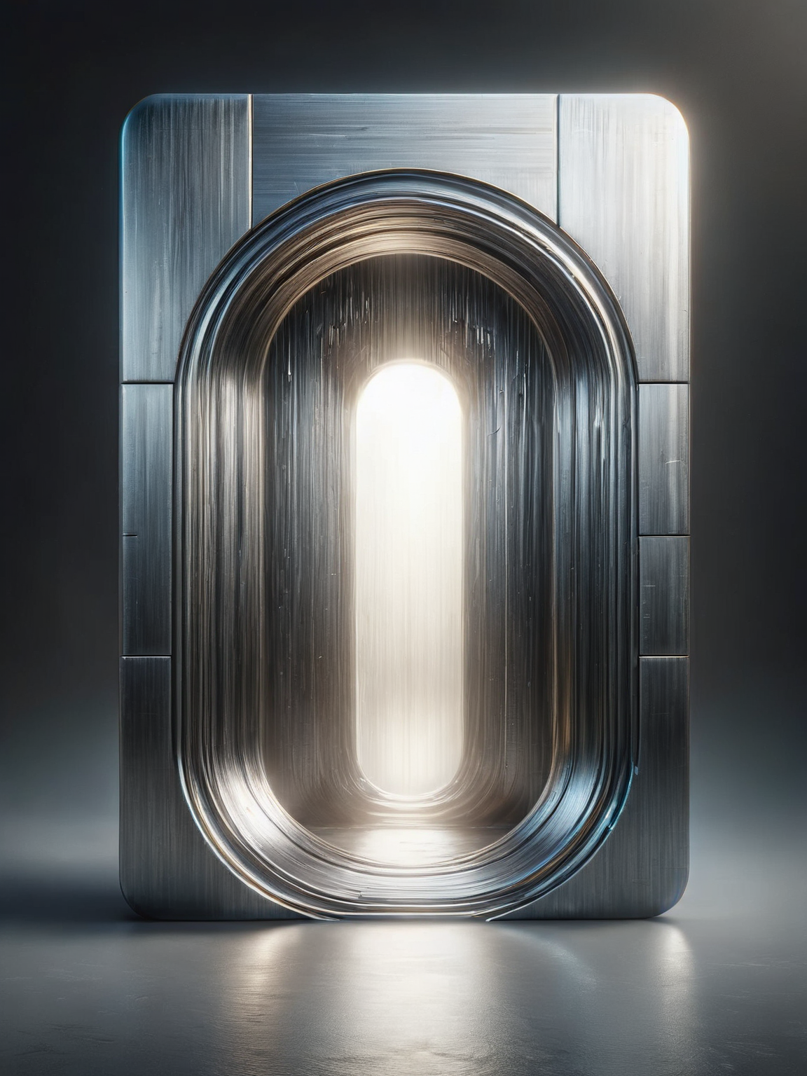 A portal shimmering with energy, its edges formed from glowing ais-steelz, hinting at an unknown, futuristic world beyond <lora:Brushed_Steel_Style_SDXL:1>