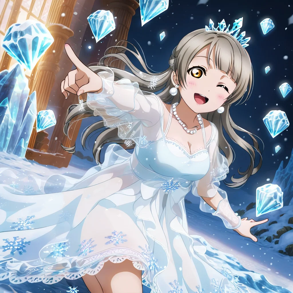 minami kotori, love live!, gray hair, amber eyes, long hair, 1girl, detailed ice blue background, one eye closed, dress, smile, open mouth, bow, necklace, jewelry, looking at viewer, pearl necklace, see-through, blush, earrings, ;d, black bow, snowflake, light blue dress, hair ornament, fantasy, beads, white dress, collarbone, ice palace, mystical, ice, winter, snowy, snow, cleavage, bare legs, ice tiara, magic, magical energy, icy winds, frost, casting magic, ice magic, see-through, ice floor, ice walls, ice gloves, pointing at viewer, 
BREAK
score_9, score_8_up, score_7_up, score_6_up, source_anime <lora:LLChar_Pony-000020:1>