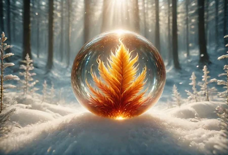 source_8_up, source_7_up, source_6_up, source_5_up, an ((ultra-realistic)) cinematic scene of an (elegant fire phoenix) inside a perfect glass sphere, incredibly detailed glass, the sphere is suspended in midair, set in a beautiful frozen forest covered in glistening snow and ice, the beautiful (firebird) is the only heat or warmth that can be seen, hyper-detailed, ultra-realistic, centered composition, wallpaper, UHD, created from flame, highly intricate, (as intricate and elegant as possible), insane details, (exquisite detail and attention given to the texture and twisting of the flame, perfectly detailed snow and ice crystals), gleaming dancing fire glass, 8k resolution, a masterpiece,