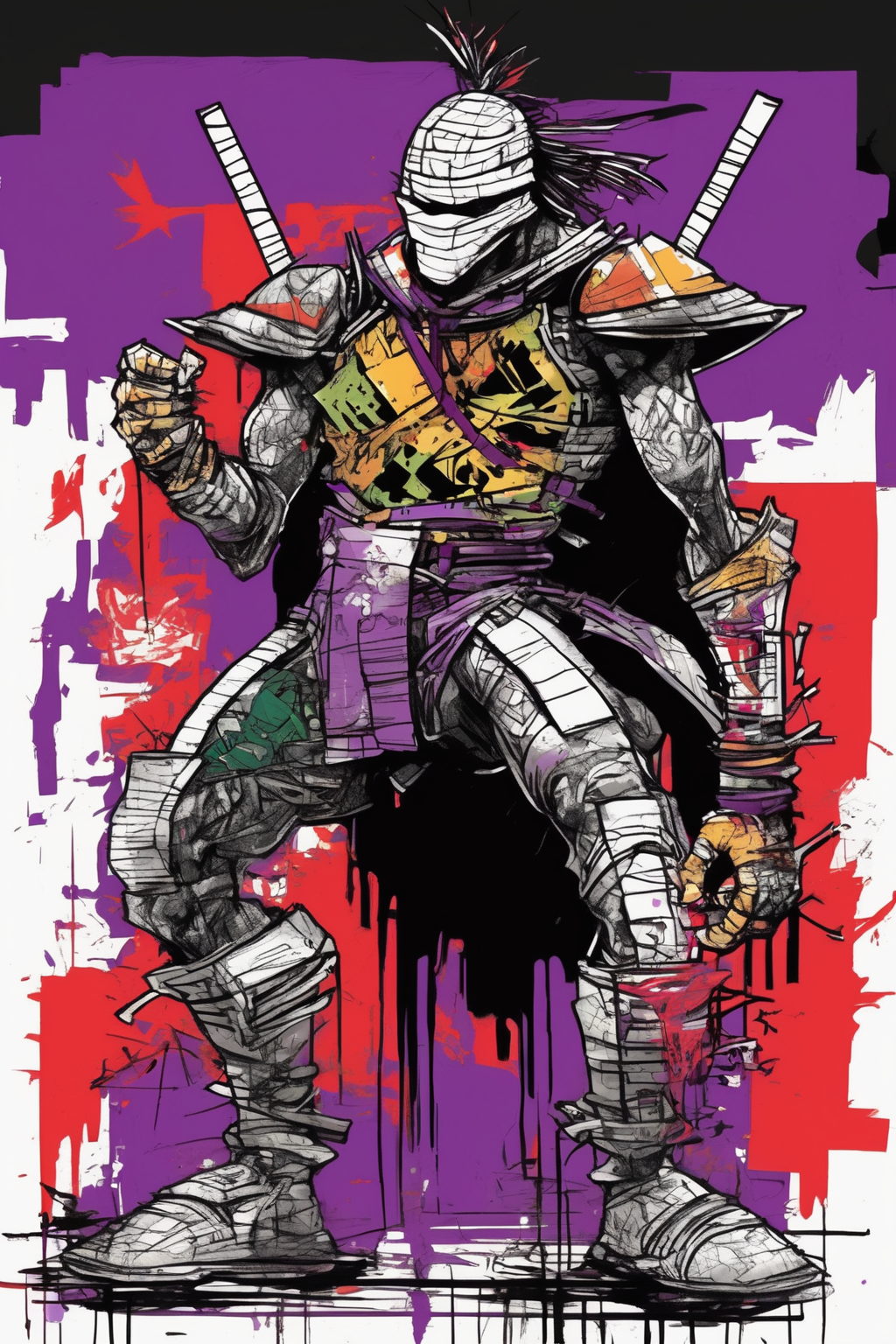 Jim Mahfood Style - Create a Full body, 2D Flat, 1987, Todd McFarlane cartoon style illustration of Shredder in the style of Jean - Michel Basquiat. Use bold lines and abstract shapes to depict the Ninja Turtle Villain. Incorporate Basquiat's signature style of street art and graffiti. Include shadows and depth. Dark City rooftop vibe. Consider using a mix of bright colors and black and white to create a striking image. Hints of purple and red