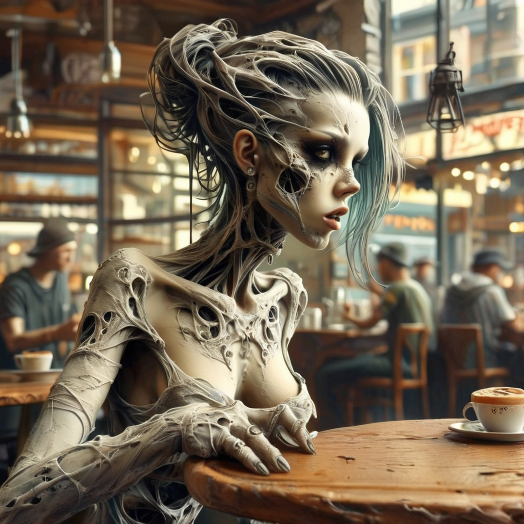 mortishadow  girl in a cafe in the background people at tables, very detailed <lora:mortishadow:1>