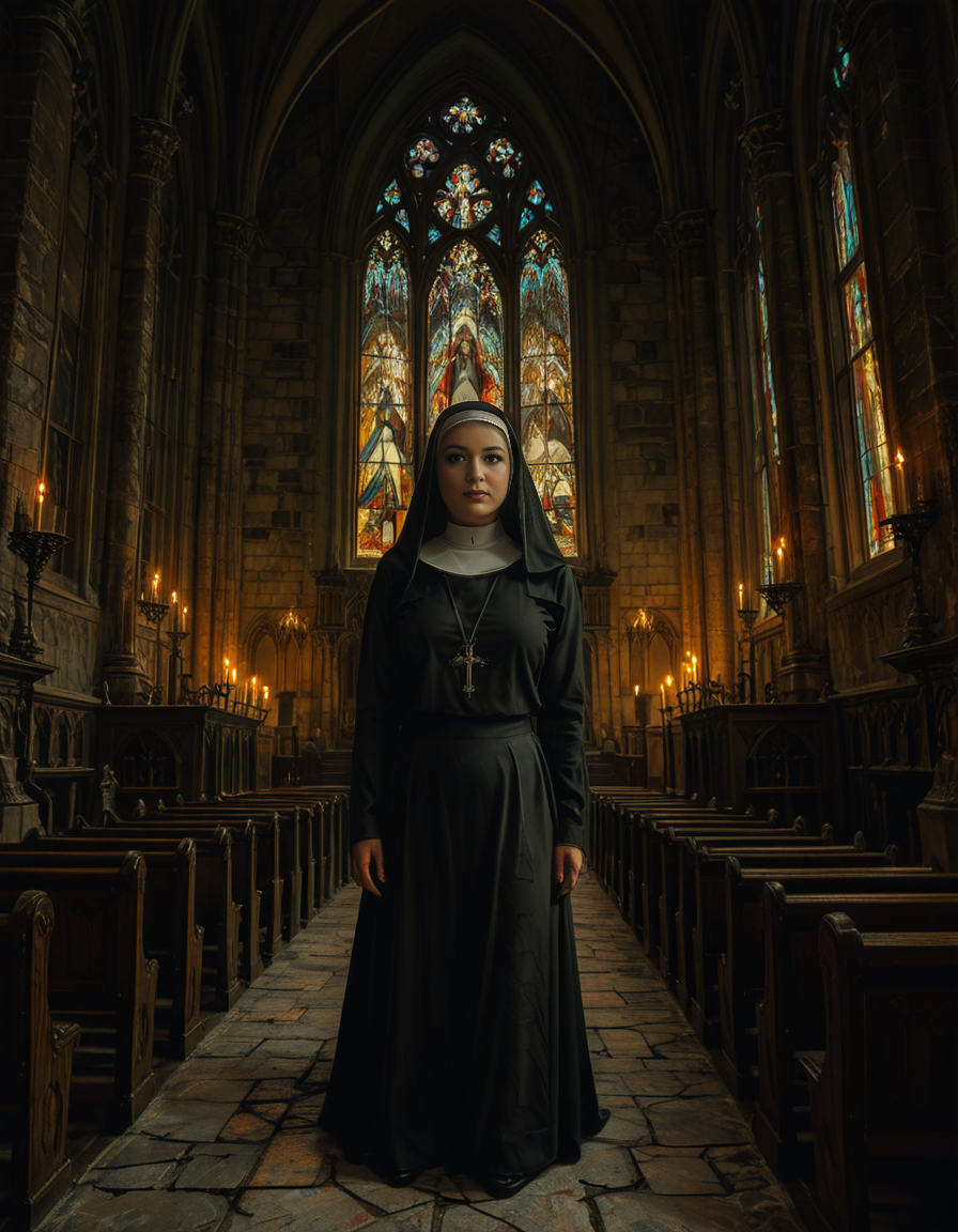 nsfw,focus on a nun,A gothic scene featuring a mysterious woman dressed as a nun in a flowing black latex habit with intricate lace detailing and choker and a red bra, standing solemnly inside of a G0th1c church. The atmosphere is charged with tension as an otherworldly presence seems to loom over the scene, casting eerie red and black shadows on the ancient stone. Other nuns in the background appear uneasy, their movements slow and dreamlike, as if they are being influenced by an unseen dark force. The cathedral's gothic architecture towers above with sharp spires, grotesque gargoyles, and a glowing stained-glass window radiating an unnatural crimson light.<lora:SDXLFaeTastic2400:0.4> <lora:extremely_detailed:0.4> extremely detailed, <lora:G0th1c_church:1>, Masterpiece,best quality,hi res,8k,hi res,8k,award winning,(sharp focus, intricate, highly detailed),
