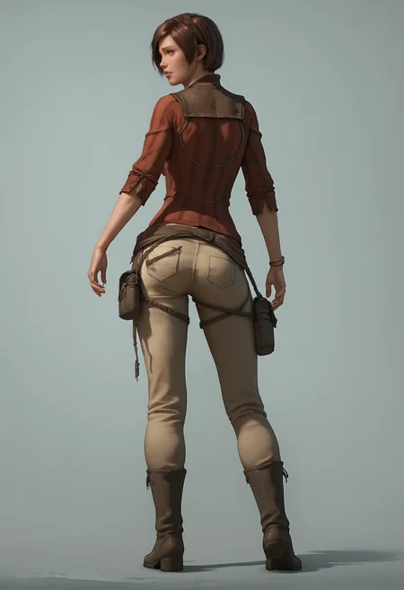 score_9, score_8_up, score_7_up, score_6_up, score_5_up, score_4_up, 1girl, <lora:LeahD3:0.85>, solo, breasts, brown hair, short hair, lips, brown eyes, shirt, pants, boots, full body, standing, from behind, looking back,
(light blue background), simple background,