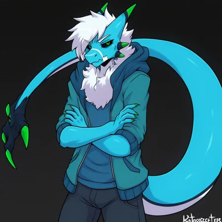 masterpiece, best quality, amazing quality,
solo, 1boy, RetrospecterFNF, furry male, demon, unsual tail, dragon, horns, white hair, blue body green eyes, male focus, hood, white body, black sclera, multicolored body, jacket, pants, unamused, crossed arms, looking at viewer,
simple black background, male focus, looking at viewer,