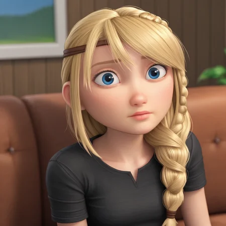 score_9_up, BREAK, ASTRIDHOFFERSON, 1girl, solo, blonde hair, braid, Long hair, blue eyes, black shirt, jeans, indoors, depth of field, <lora:AstridHofferson_HTTYD2_PXL_Leaf1:0.8>, on couch,