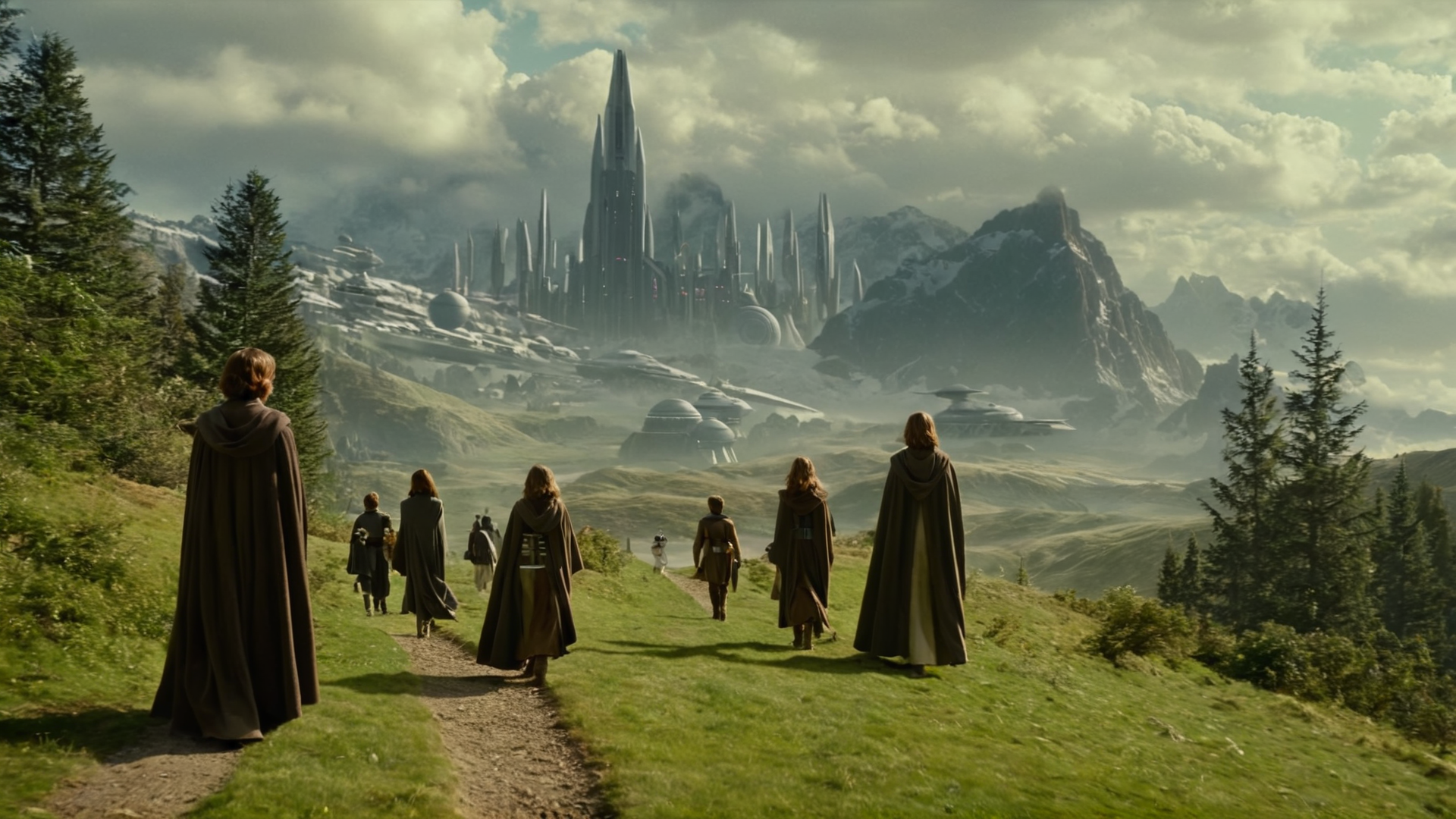 cinematic film still of <lora:detailed:0.4> detailed
<lora:perfection style:0.4> perfect
<lora:PerfectEyesXL:0.3>
 <lora:Alderaan:1>
Alderaan a group of people walking down a path in a field,in star wars style,1girl,long hair,brown hair,outdoors,multiple boys,sky,day,cloud,hood,2boys,from behind,cape,armor,tree,grass,nature,scenery,robe,mountain, death star above in sky, shallow depth of field, vignette, highly detailed, high budget, bokeh, cinemascope, moody, epic, gorgeous, film grain, grainy