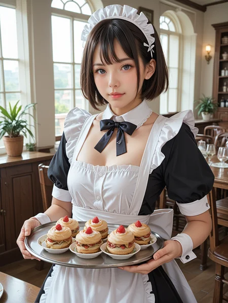 score_9, score_8_up, score_7_up,
1girl, maid, holding tray, cute face