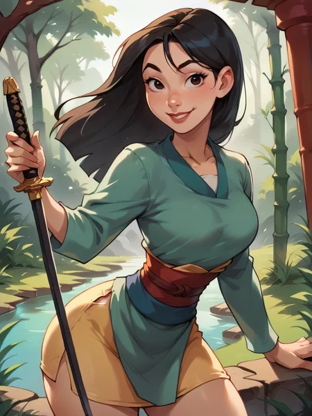 score_9, score_8_up, score_7_up, score_6_up, MulanXLP, long sleeves, green dress, red sash, yellow skirt, sexually suggestive, nsfw, medium breasts, narrow waist, wide hips, thick thighs, looking at viewer, cowboy shot, cartoon, dynamic pose, smile, cute, wide shot, solo, chinese temple, bamboo forest, disney, dutch angle, from side, katana,
 <lora:MulanXLP_character:1>  <lora:Realistic_2.5DAnime_Merge1:0.6>