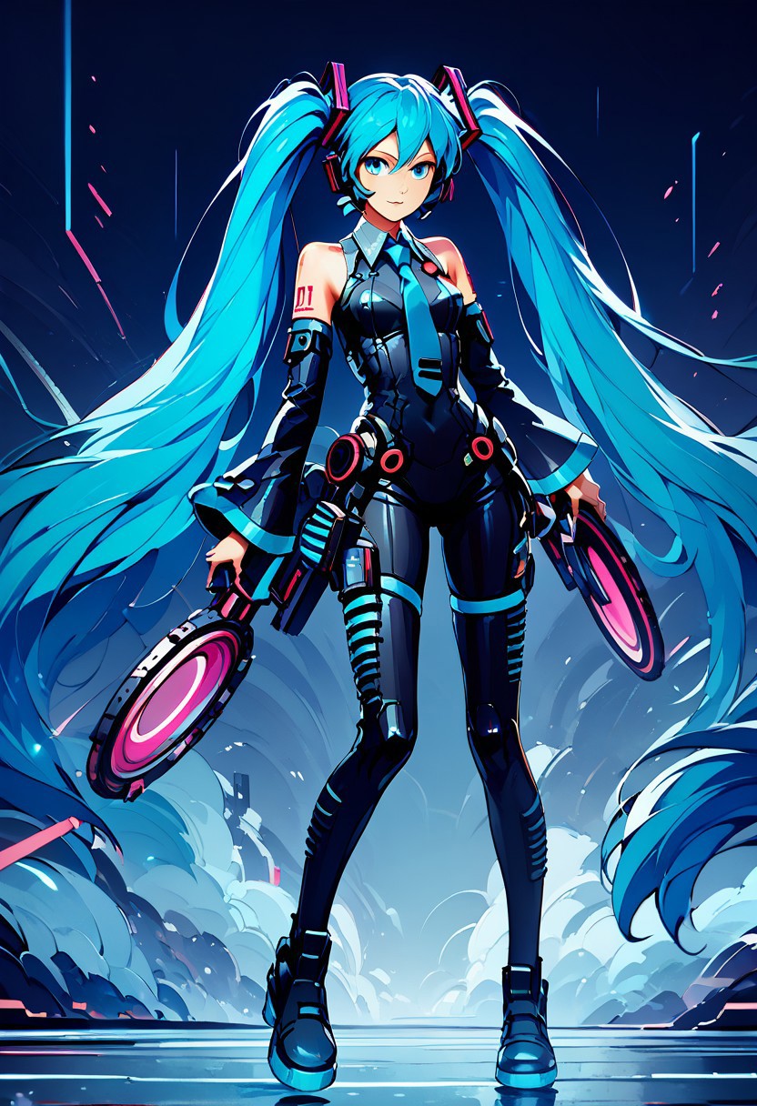 score_9, score_8_up, score_8, medium breasts, (curvy), 
zzCitronLegacy, 1girl, blue theme, bodysuit, hatsune miku, identity disk, long hair, necktie, solo, twintails, very long hair, vocaloid, weapon,
neon glow, 
zPDXL, Expressiveh