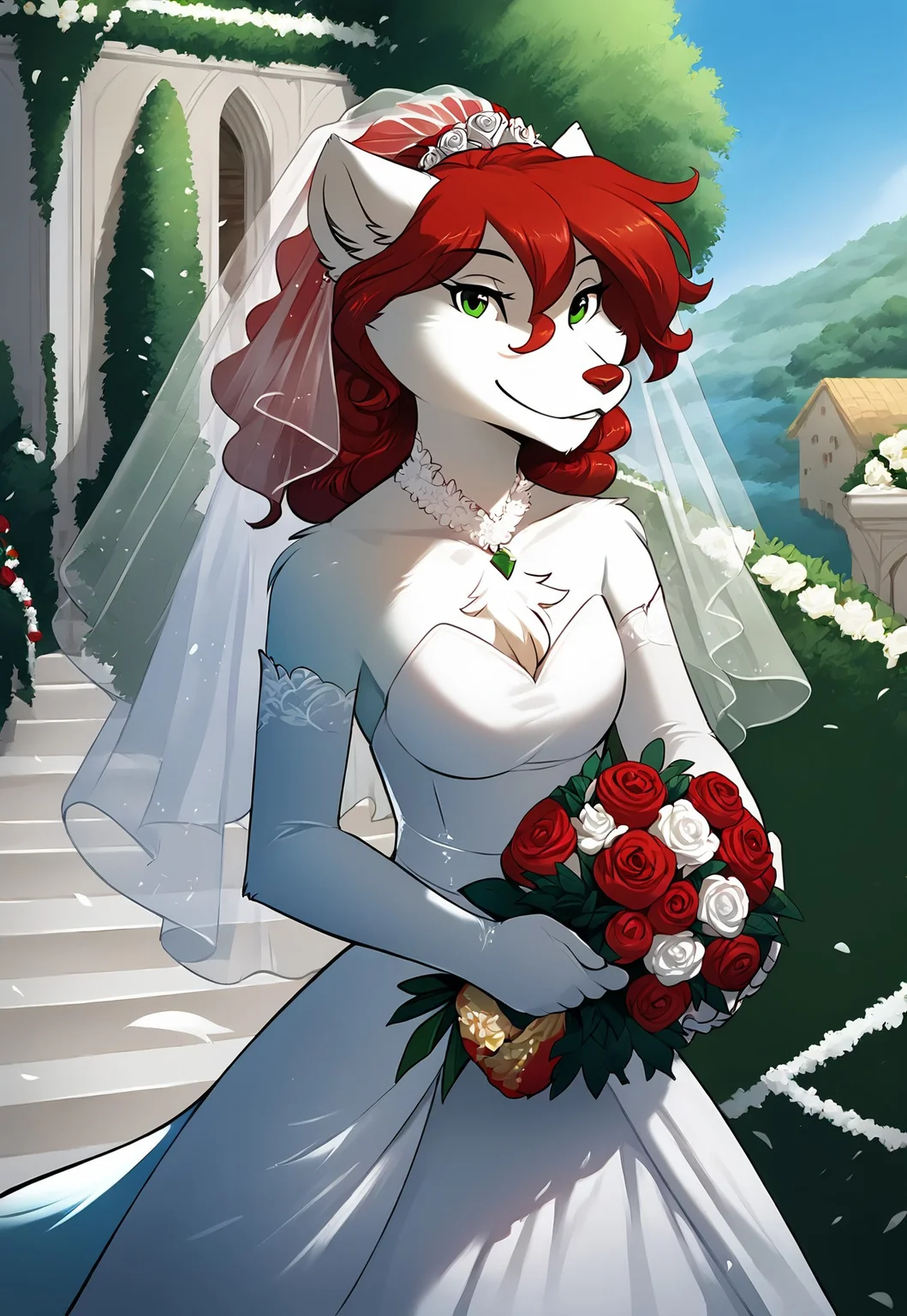 score_9, score_8_up, score_7_up, masterpiece, best quality, good quality, highly detailed, absurdres, Expressiveh, detailed background, outdoors, wedding chapel, wedding decorations, 1 girl, solo, anthro, rose-twokinds, wolf tail, wedding dress, holding bouquet, looking at the viewer, smile, happy