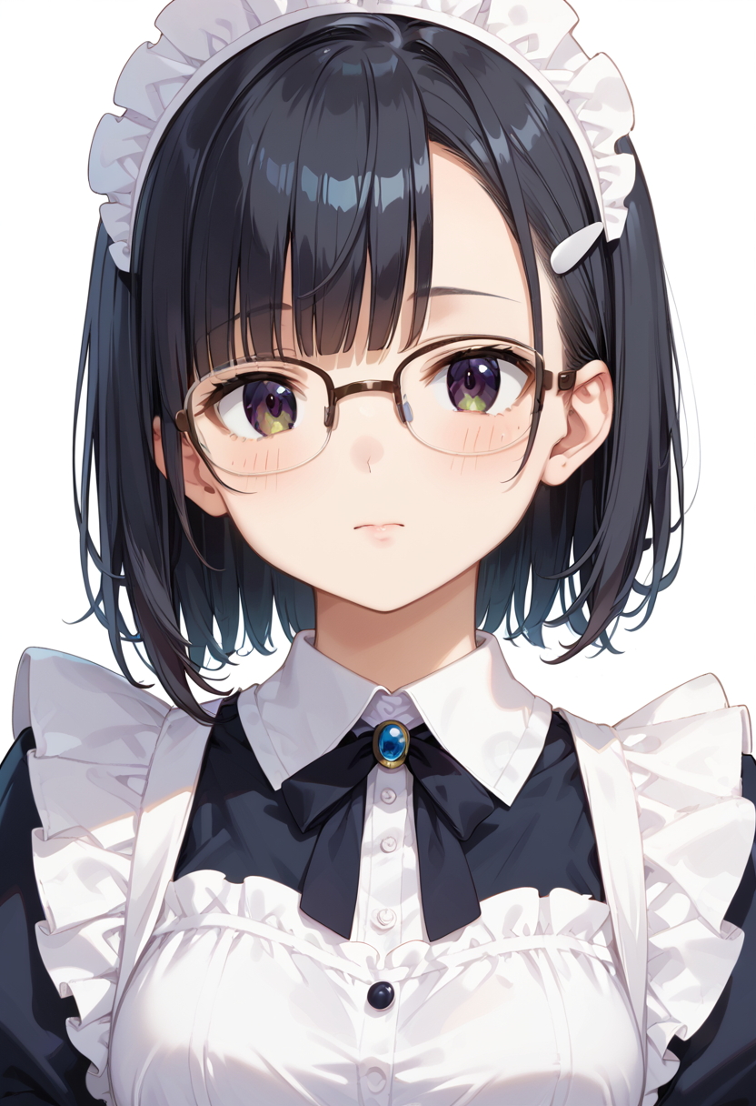 score_9, score_8_up, score_7_up, rating_safe, masterpiece, best quality, absurdres, unity 8k wallpaper, official art, official style, source_anime, uncensored, game cg, megami magazine,
1girl, solo, black hair, medium hair, upper body, covered eyes,maid, maid headdress, black dress, maid apron, face focus,
halfrim22A,  still life, white background, simple background, brown-framed eyewear,
 <lora:glasses_halfrim22A_PONY_V1:1>