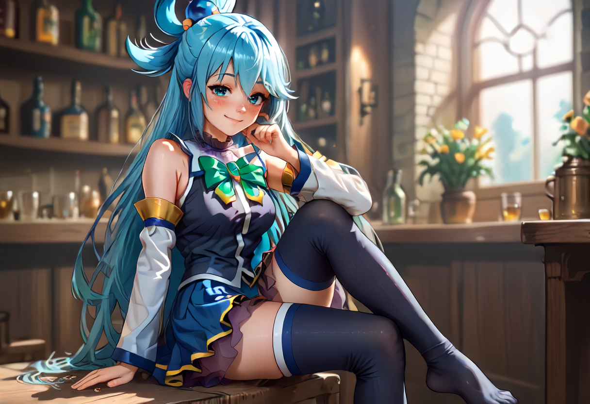 score_9,score_8_up,score_7_up,score_6_up,score_5_up,score_4_up,<lora:Anime_Style_For_Pony:0.5>,source_anime,<lora:aqua_konosuba_pony:0.9>,aqua_konosuba_pony,perfect eyes,1girl,arm support,bare shoulders,black shirt,black thighhighs,blue eyes,blue hair,blue skirt,blurry background,blush,bow,bowtie,detached sleeves,gem,green bow,green bowtie,hair ornament,long hair,long sleeves,no shoes,shirt,sitting,skirt,smile,solo,thighhighs,