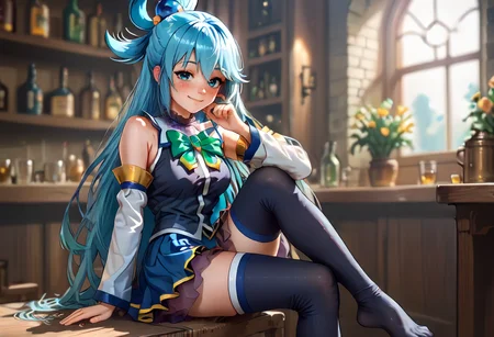 score_9,score_8_up,score_7_up,score_6_up,score_5_up,score_4_up,<lora:Anime_Style_For_Pony:0.5>,source_anime,<lora:aqua_konosuba_pony:0.9>,aqua_konosuba_pony,perfect eyes,1girl,arm support,bare shoulders,black shirt,black thighhighs,blue eyes,blue hair,blue skirt,blurry background,blush,bow,bowtie,detached sleeves,gem,green bow,green bowtie,hair ornament,long hair,long sleeves,no shoes,shirt,sitting,skirt,smile,solo,thighhighs,
