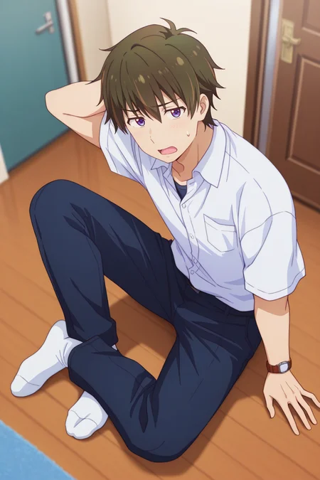 masterpiece, best quality, amazing quality,high resolution, intricate details,official style,depth of field,anime screencap, , , 1boy, solo, male focus, , ,  <lora:Wataru_Sajo:0.77>, wataru sajo,dark brown hair,purple eyes,short hair,looking at viewer, open mouth, shirt, sitting, full body,dark blue collared shirt,short sleeves, socks, pants, indoors, sweatdrop, white socks,white shirt, arm behind head, watch, wooden floor, on floor, door, wristwatch,from above