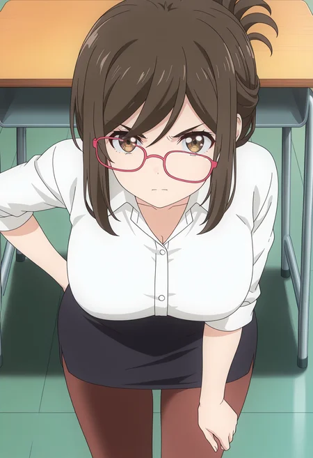 masterpiece, best quality, high resolution, source_anime, highly detailed illustration, detailed eyes,
very aesthetic, absurdres, newest, amazing quality,
1girl, solo, anime screencap, anime coloring,
<lora:shiKojimaSenseiV1ill:1>,shikojimadef, brown hair, brown eyes, folded ponytail, long hair,
large breasts,
dress shirt, white shirt, office lady, pencil skirt, pantyhose,
looking at viewer, adjusting clothes, serious, pov, classroom, school desk,
<lora:shiCrookedEyeV1ill:1>,shicrookglass, crooked eyewear