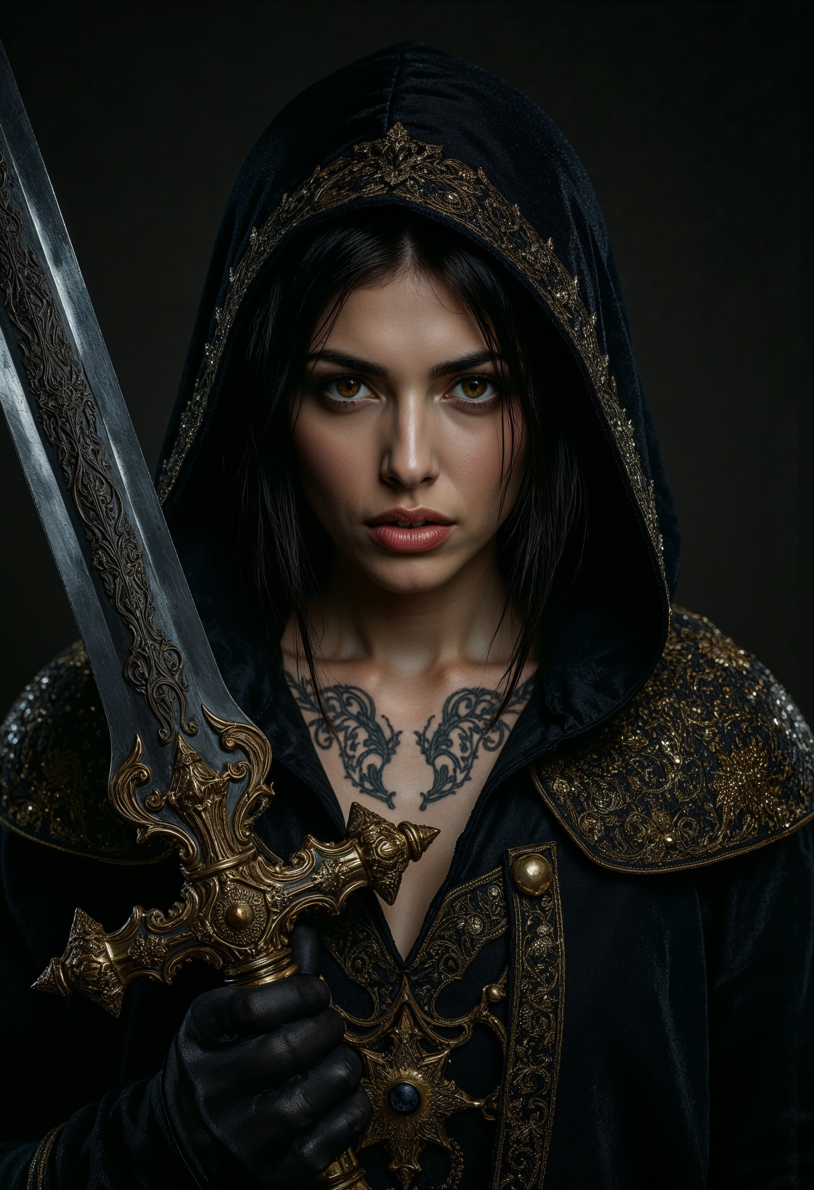 R3alism, highly detailed, a dark-haired, beautiful girl with piercing yellow eyes, set against a dimly lit background. The character wears a black and gold ornate hooded cloak, revealing intricate tattoos on their neck and shoulder. She holds a large, elaborate sword with golden accents. The lighting is moody, casting dramatic shadows, and the camera angle is a close-up, emphasizing the character's intense gaze and the intricate details of their attire.  <lora:FluxMythR3alism:1>